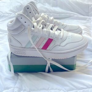 Adidas Girls’ Hoops Mid 3.0 White (w/ pink & teal)